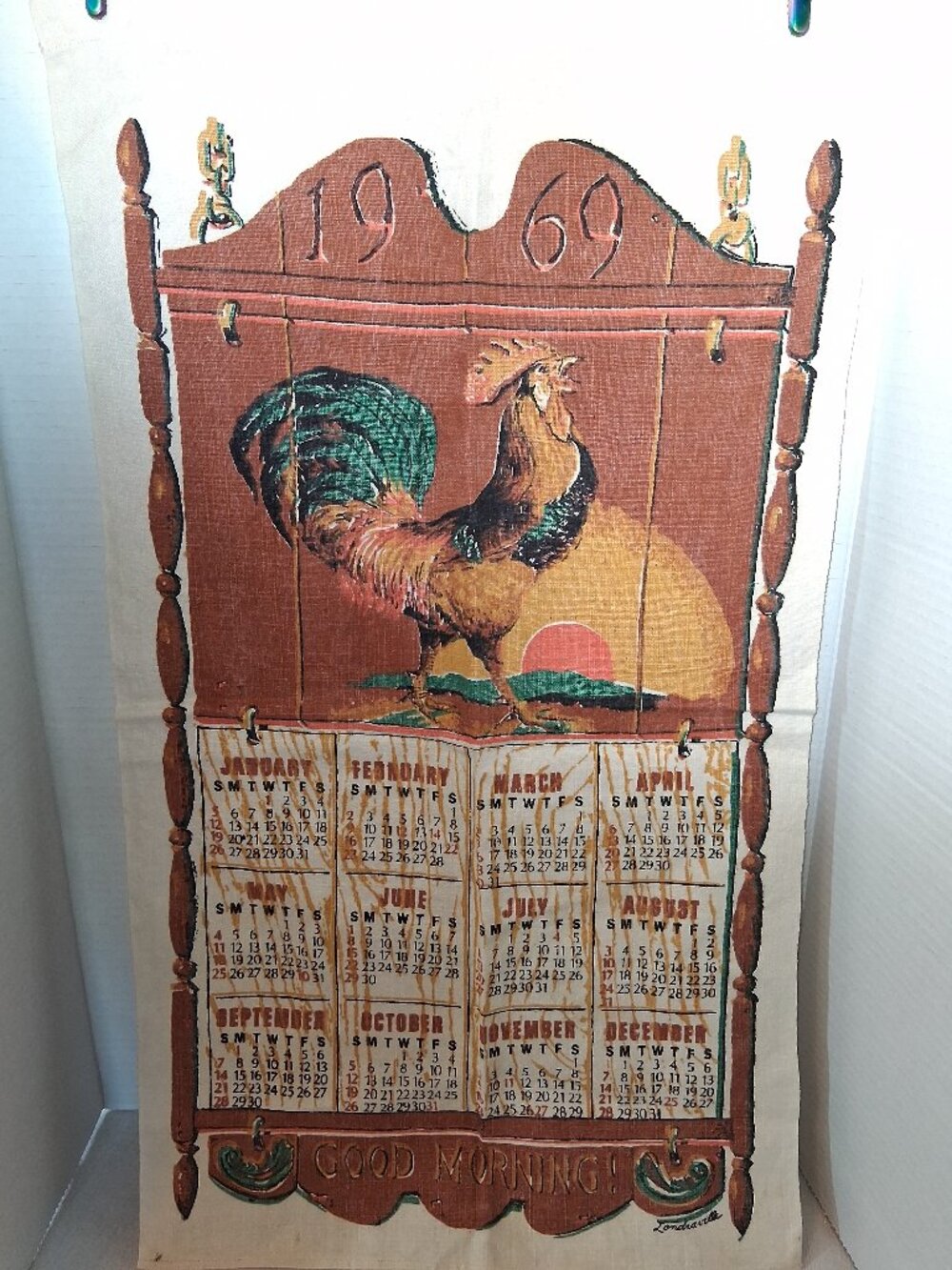 Vintage MCM Linen Calendar Tea Towels Wall Hanging Rooster Chicken Kitchen